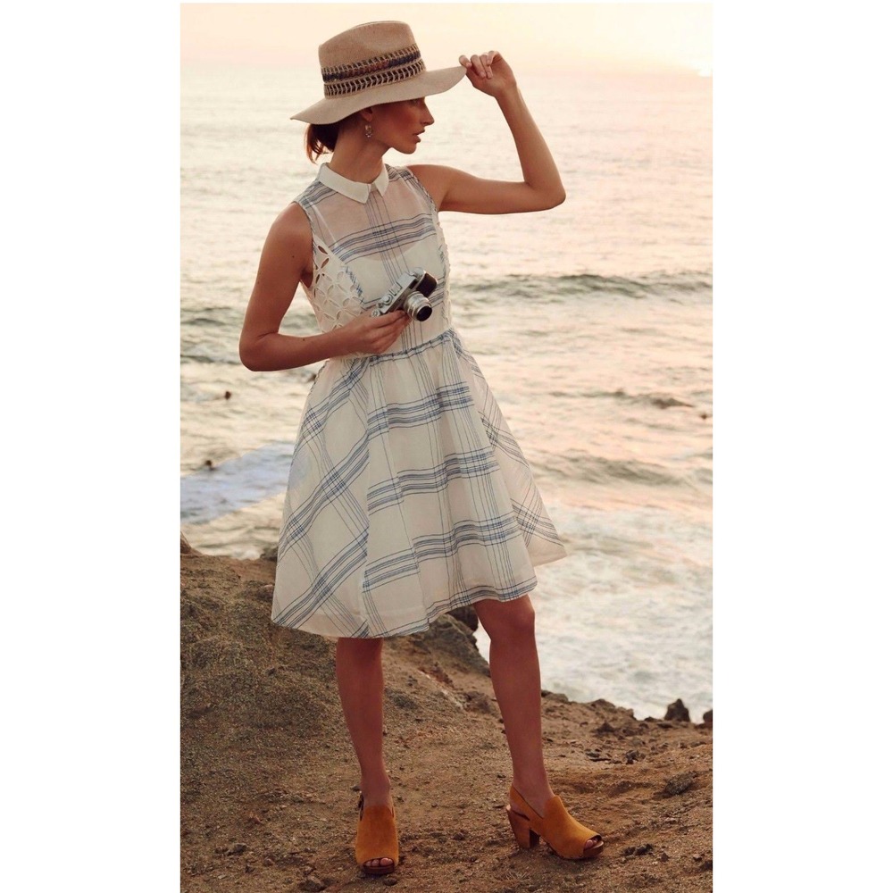 Moulinette Soeurs Anthropologie Seapane Dress Eyelet Silk Blend Womens 6 Plaid